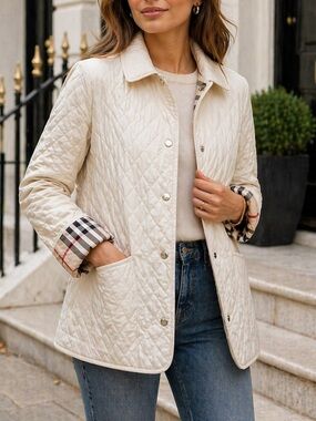 Burberry Cream Quilted Signature Nova Check Lined Classic Jacket